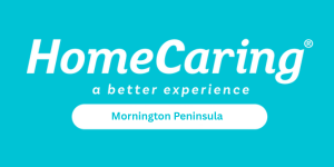 Home Caring logo on turquoise background with slogan 'a better experience' and a white rounded badge reading 'Mornington Peninsula'.