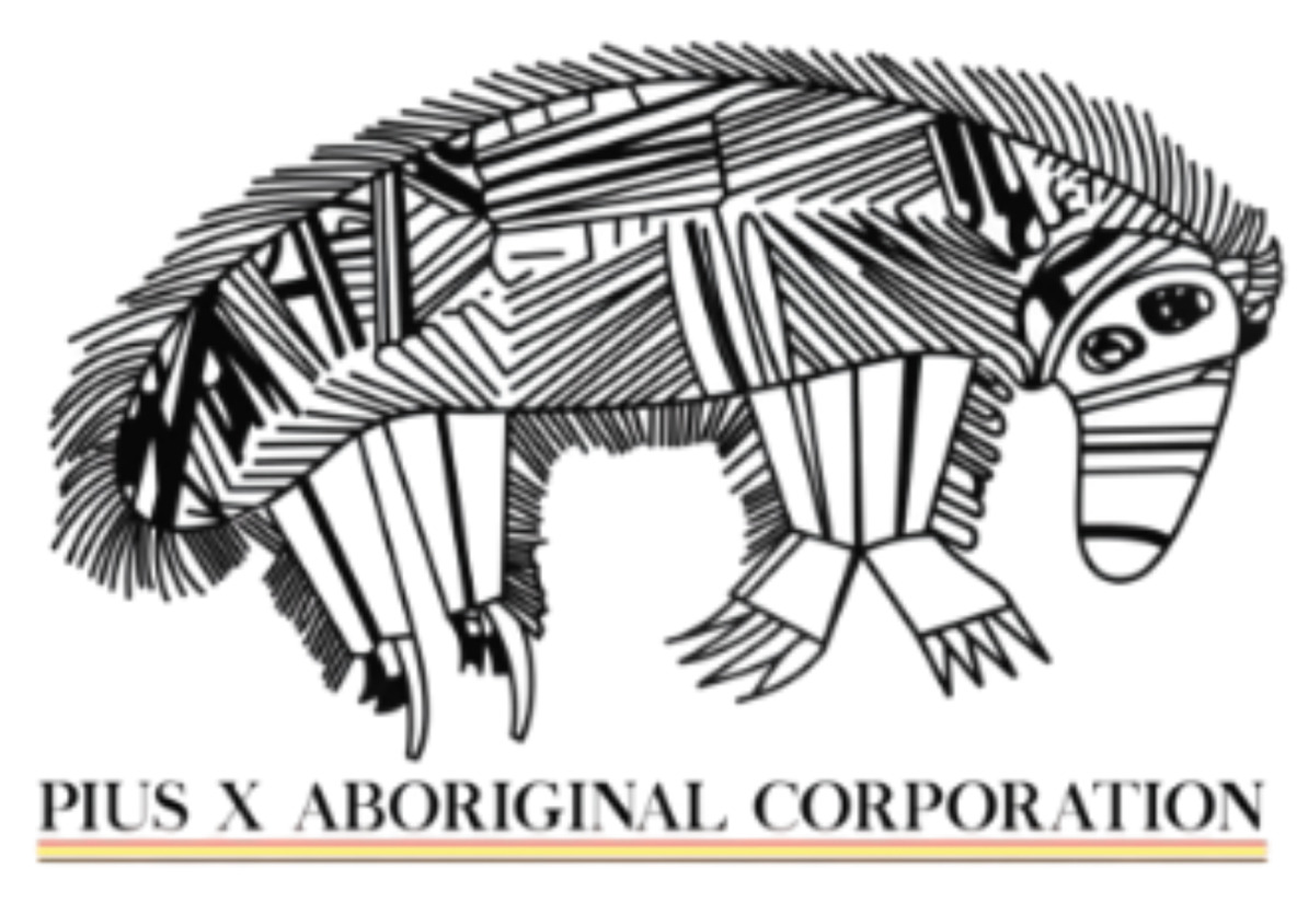 Logo showing a stylized abstract animal in black-and-white Aboriginal art style, with text PLUS X ABORIGINAL CORPORATION beneath.