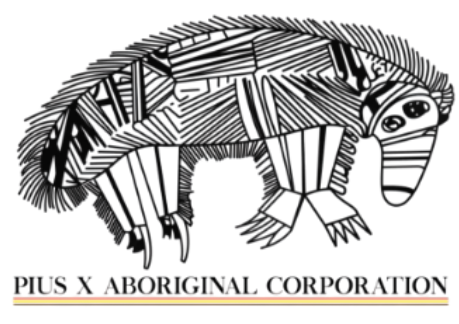 Logo showing a stylized abstract animal in black-and-white Aboriginal art style, with text PLUS X ABORIGINAL CORPORATION beneath.