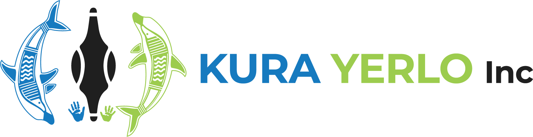 KURA YERLO Inc logo with three stylized fish (blue left, black center, green right), small blue and green hands, and the blue/green text KURA YERLO Inc.