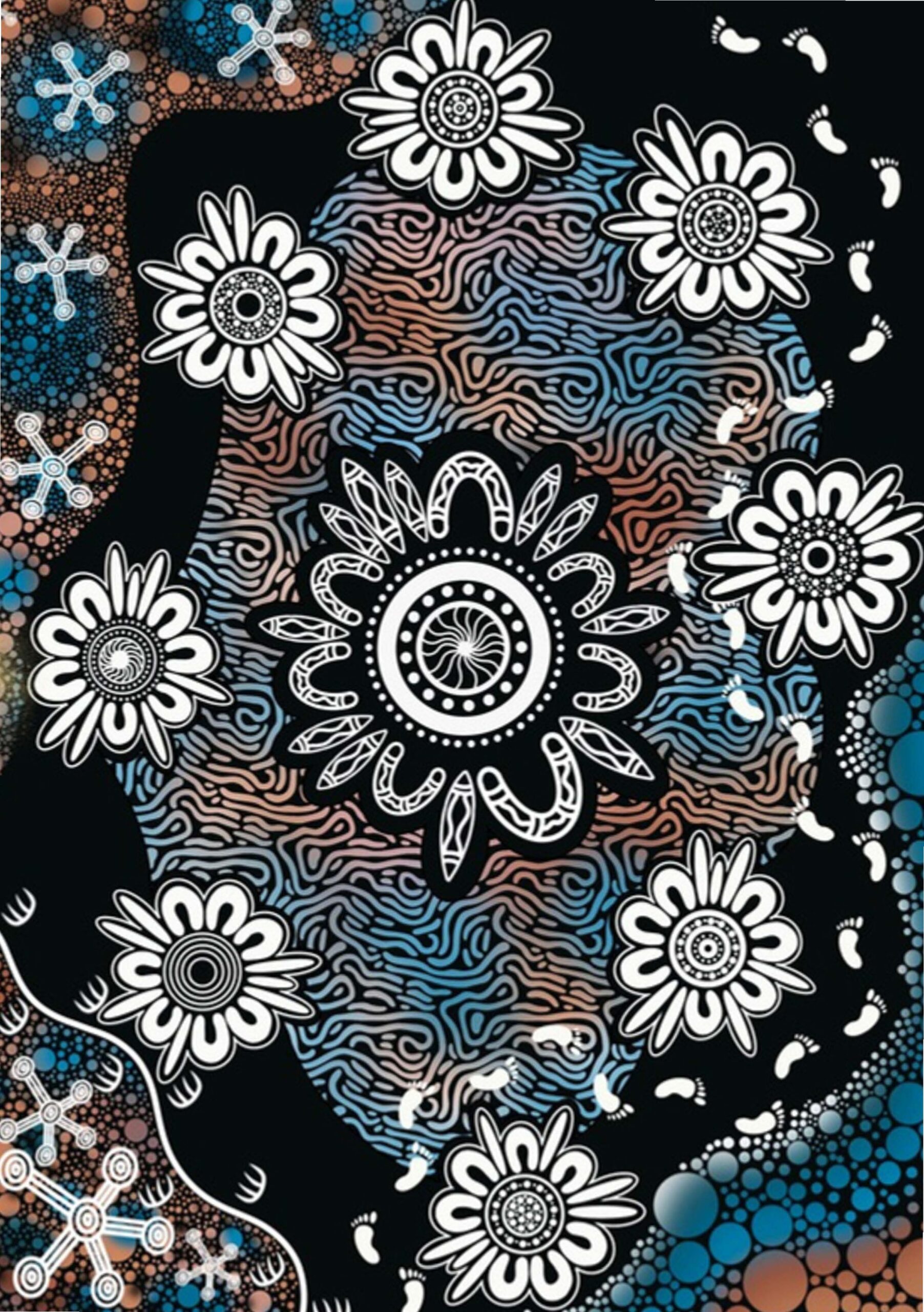 Decorative pattern of white daisy-like flowers on a multicolored, wavy background with a black backdrop.