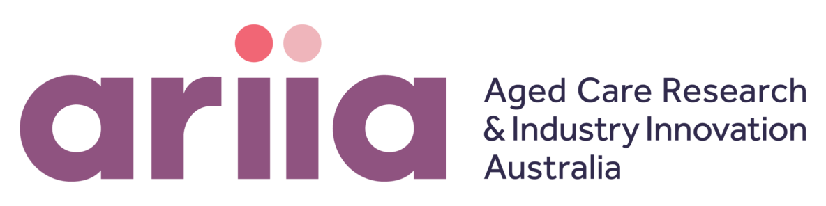 ARHIA logo: purple wordmark with two pink dots above, next to dark text reading 'Aged Care Research & Industry Innovation Australia'