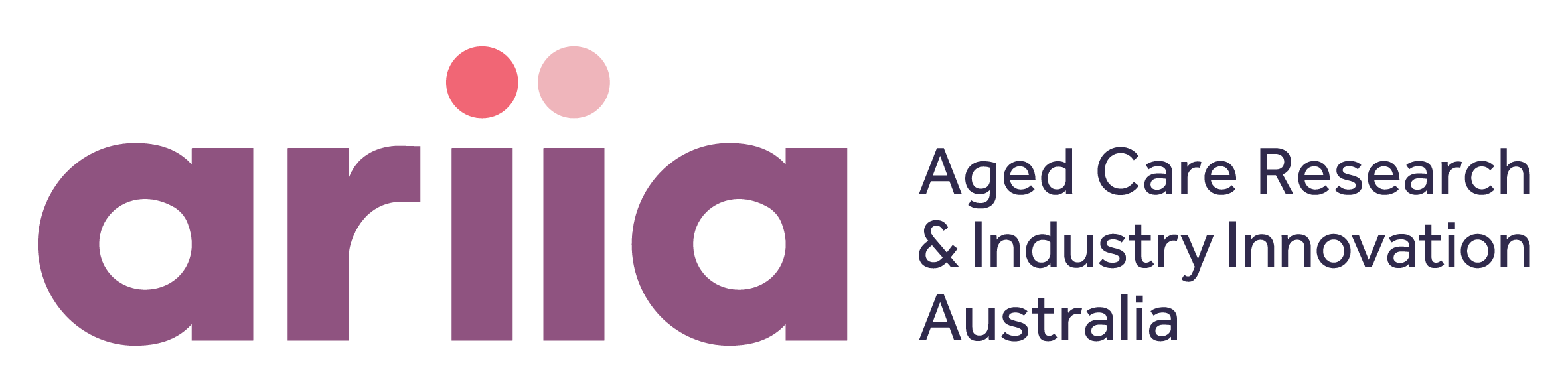 ARHIA logo: purple wordmark with two pink dots above, next to dark text reading 'Aged Care Research & Industry Innovation Australia'