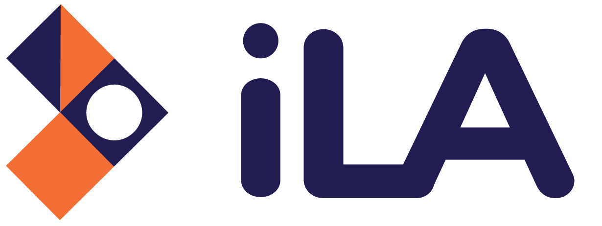 ILA logo: orange and navy diamond emblem on the left with dark blue 'ILA' text to the right.