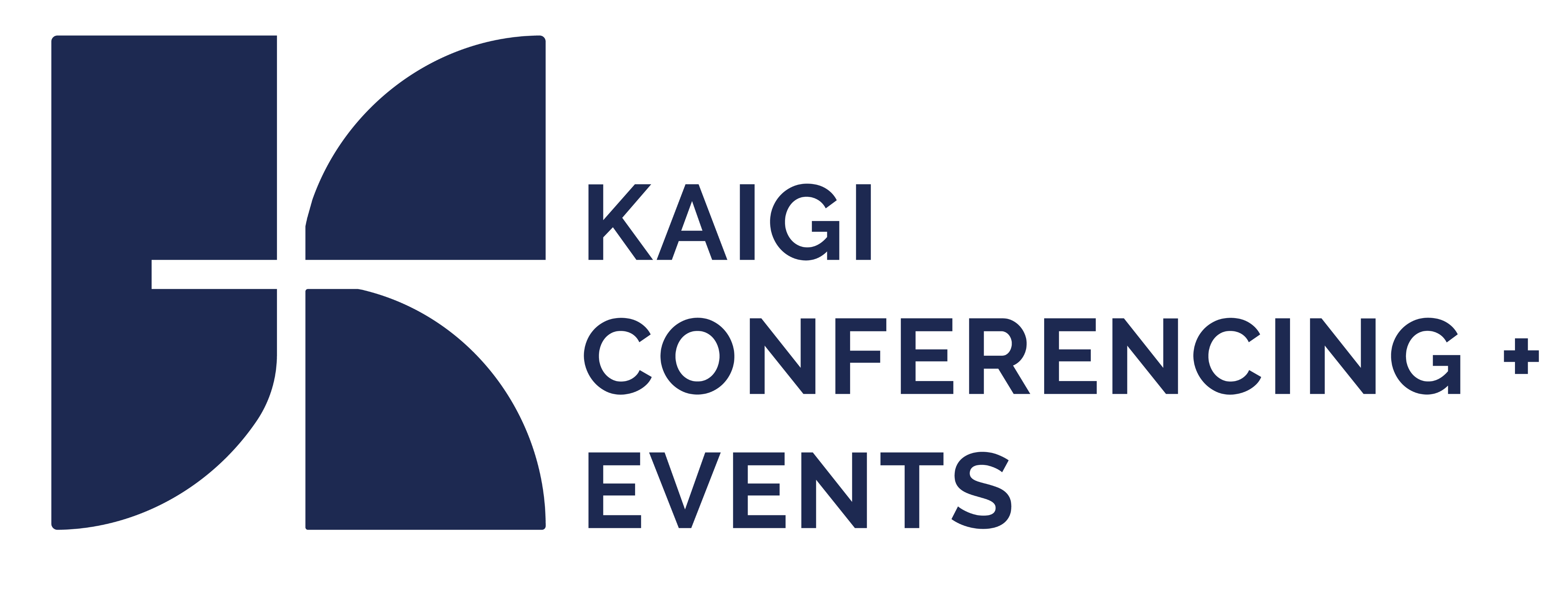 KAIGI Conferencing + Events logo: navy abstract mark on the left with stacked text