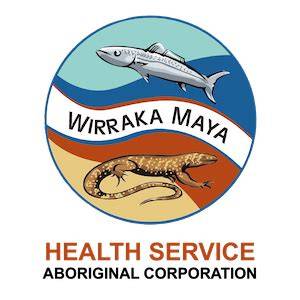 Logo for Wirraka Maya Health Service Aboriginal Corporation: circular badge with a fish leaping above waves and a gecko, plus the organization name.