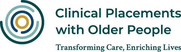 Logo for Clinical Placements with Older People with circular teal rings and a gold center; includes the tagline Transforming Care, Enriching Lives.
