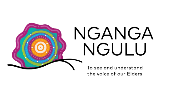 Colorful circular emblem with layered concentric patterns beside the bold 'NGANGA NGULU' text and the tagline 'To see and understand the voice of our Elders'.